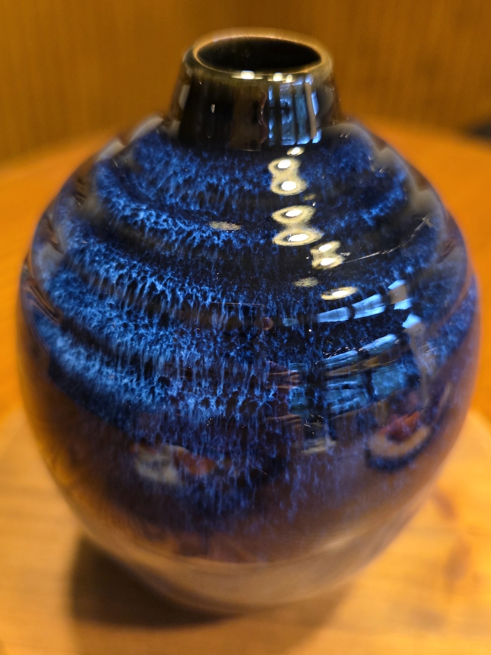VTG Japanese MCM Blue Flambe Ribbed Pottery Vase